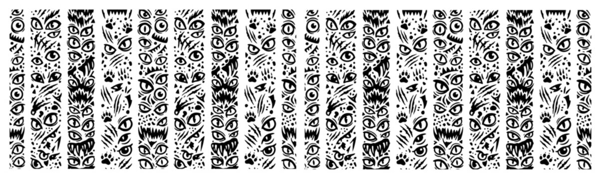 Spooky animal paws and scary monster eyes in vertical pattern bands