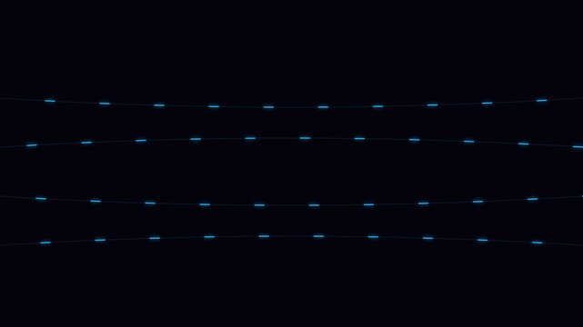 Abstract rows of glowing blue light dashes against a deep black background