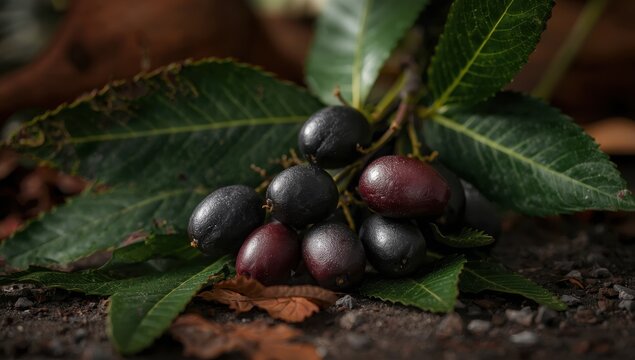 Bay Laurel fruits, from an aromatic evergreen tree or large shrub with smooth green leaves, are native to the Mediterranean and used in cooking and cosmetics.