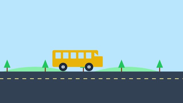 A flat vector illustration of a yellow school bus driving along a road
