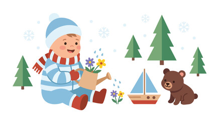 A happy baby in winter attire is watering flowers in the snow, surrounded by pine trees, a toy boat, and a friendly brown bear cub. © Rayi