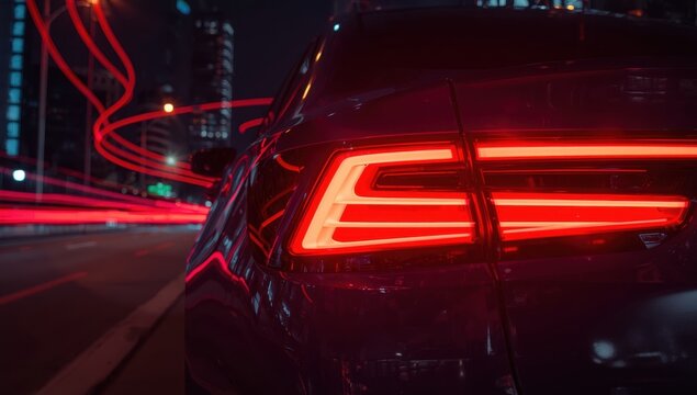 Nighttime city scene featuring a modern car's right LED tail light. Close-up of red neon streaks in the background and reflections of street lights on the vehicle's surface.