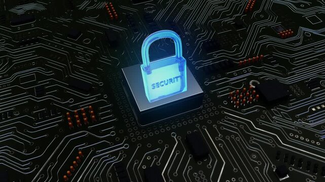 4K animation of a glowing digital padlock on a microchip over a circuit board, representing cybersecurity, encryption and data protection.