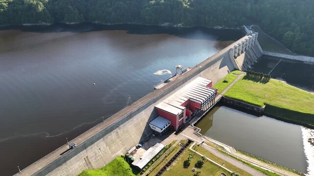 Drone shot of Roznow dam and hydroelectric power station at Roznow lake, Poland