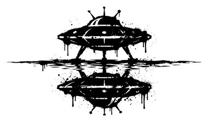 Flying saucer UFO reflecting on wet ground in grunge ink style © UrbanDruid
