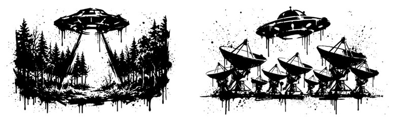 Extraterrestrial spacecraft hovering over forest and satellite station © UrbanDruid