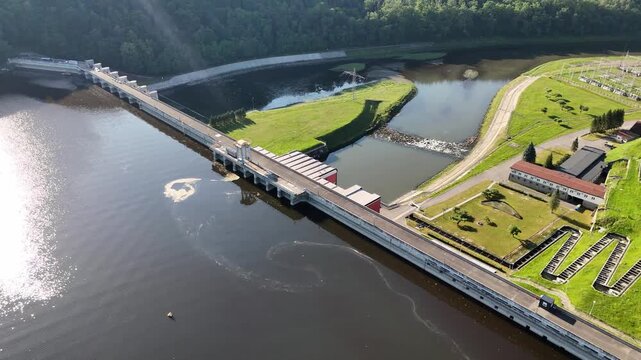 Aerial view of Roznow dam and hydroelectric power station at Roznow lake, Poland