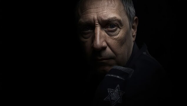 Closeup of a Jewish man wearing an armband against a dark backdrop. Holocaust Remembrance Day.