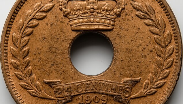 1909 Belgian 25 centimes coin featuring King Leopold II's monogram around the center hole, a crown above, the date below, with a laurel sprig and value divided by the hole.
