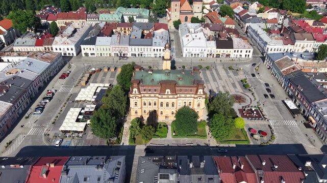Drone shot of Town Hall and Main Square in Nowy Sacz city, Poland