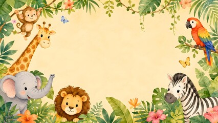 Cute safari animals frame with jungle plants and flowers, watercolor style illustration for kids © ridwanhassan