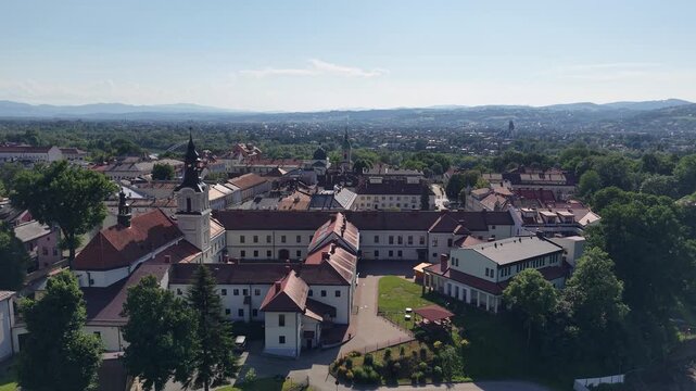 Aerial view of Church of the Holy Spirit and Jesuit monastery, Nowy Sacz, Poland