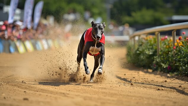 A stunning black and white greyhound in a red racing coat swiftly runs on a sandy track in Chatillon la Palus, France.
