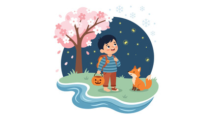 A boy with a pumpkin bucket stands near a river, accompanied by a fox under a cherry blossom tree amidst fireflies and snowflakes. © Rayi