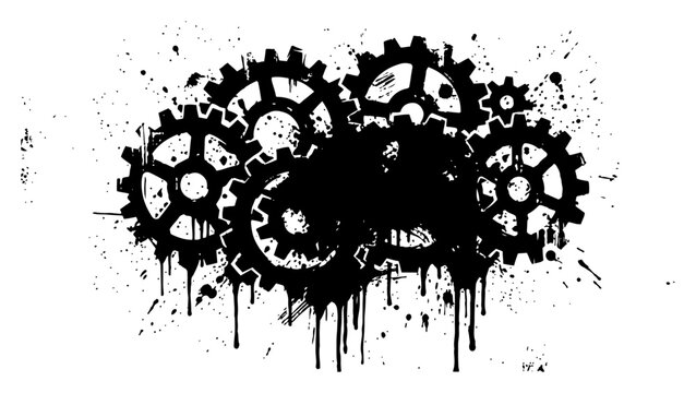 Industrial gear mechanism illustration with heavy ink splashes and dripping grunge paint texture