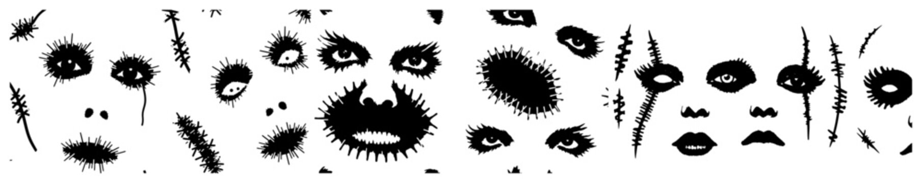 Creepy horror face pattern with multiple staring eyes and spooky expressions in dark gothic style