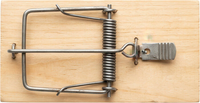 A traditional metal spring loaded mousetrap with a wooden base lies flat showcasing its metal components and natural wood grain texture 172 rodent pest control mechanism vintage