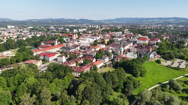 Aerial footage of historical town center in Nowy Sacz city, Poland
