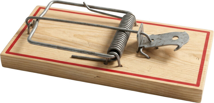 A classic wooden spring loaded mousetrap with metal parts and a red outline viewed from a low angle on a plain white surface rodent control pest control catching mechanism