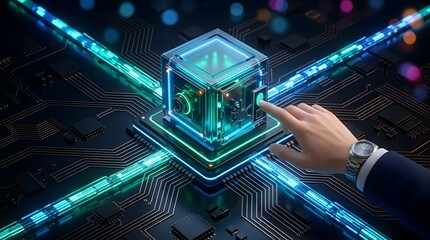 Fototapeta premium Biometric authentication showing a hand scanning a fingerprint on a glowing digital glass security safe on a cyber circuit board