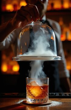 Bartender smokes cocktail using glass cloche for aroma infusion. Amber whiskey drink with large ice cube in ornate glass. Bar background with soft warm lights.