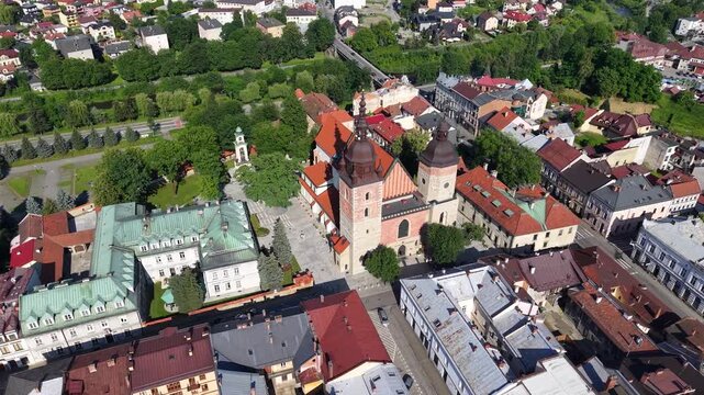 Drone shot of Basilica of Saint Margaret in Nowy Sacz city, Poland