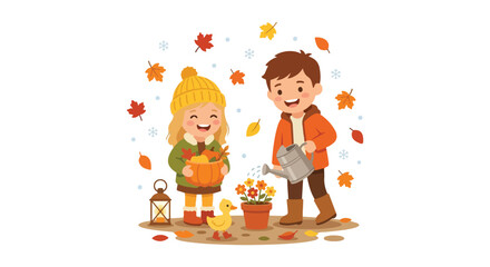 Two happy children enjoy the crisp autumn air while watering flowers and gathering harvest pumpkins alongside a cute duckling in red boots.