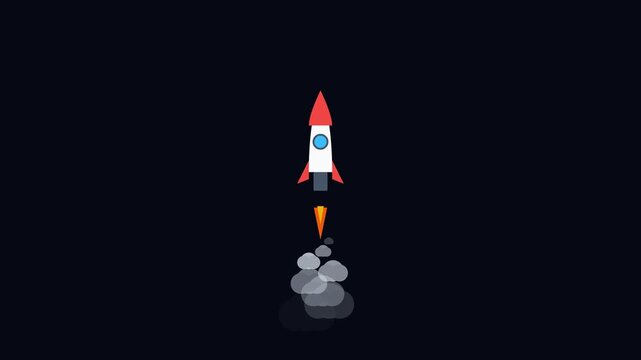 A minimalist flat design rocket ship launching into the dark deep space