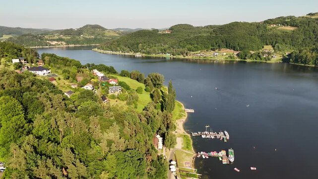 Aerial footage of Roznow lake (Jezioro Roznowskie) in Poland