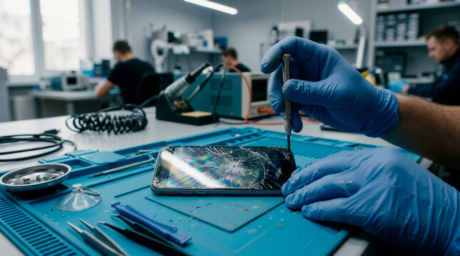 Technician repairing a broken smartphone screen. Close up of hands in blue gloves using a screwdriver on a cracked phone. Electronics repair service and maintenance concept