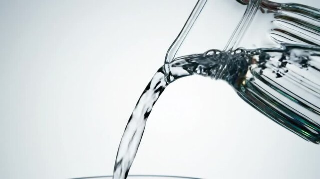 Close up view of crystal clear water pouring from a glass pitcher against a light background