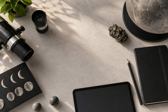 Moon Day Astronomy Workspace Flat Lay