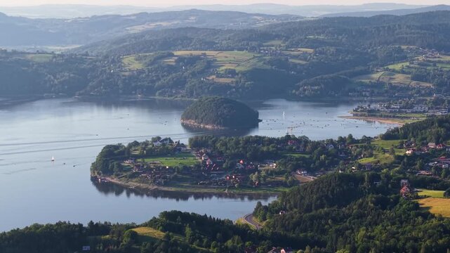 Aerial view of Grodzisko (Monkey Island) and peninsula at Roznow lake, Poland