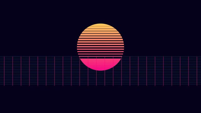A vibrant retro synthwave sun setting over a digital grid horizon line
