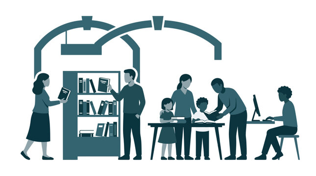 People learning and reading in a library illustration