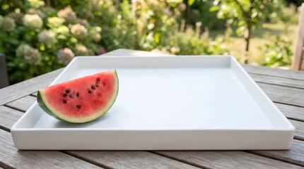A watermelon wedge with a clean cut surface placed in the lower left corner of a large white tray, with most of the tray left empty as negative space for summer fruit or hydration messaging.