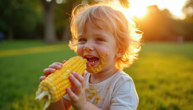 Blond toddler eats corn on the cob with messy face and shirt. Child enjoys summer snack in sunny park outdoors. Kid has yellow corn kernels on cheeks and clothes.