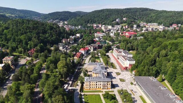 Drone shot of main promenade in Krynica Zdroj mountain resort, Poland