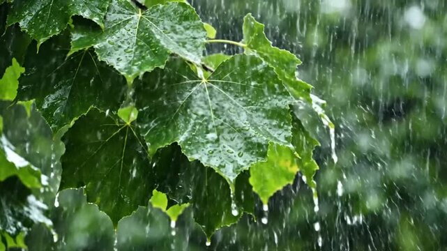 Rain falling on vibrant green maple leaves, refreshing summer rain shower, natural environment, nature scene