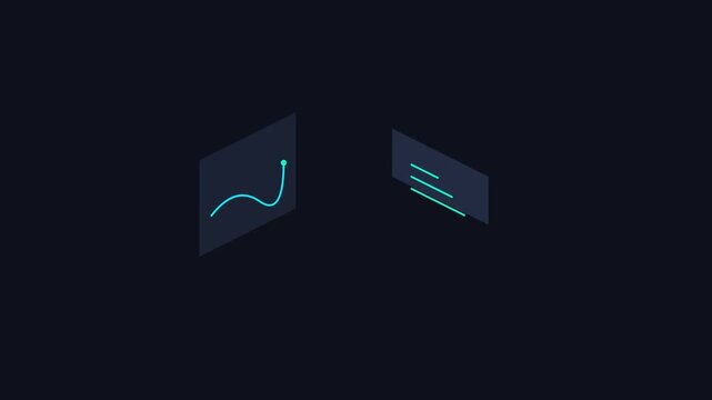 Minimalist isometric digital interface elements with glow on dark background