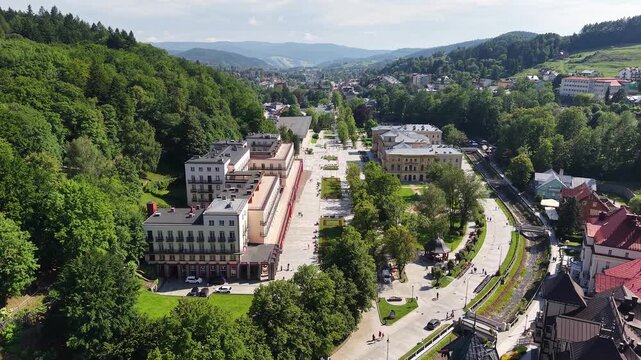 Aerial view of spa park main promenade in Krynica Zdroj, Poland