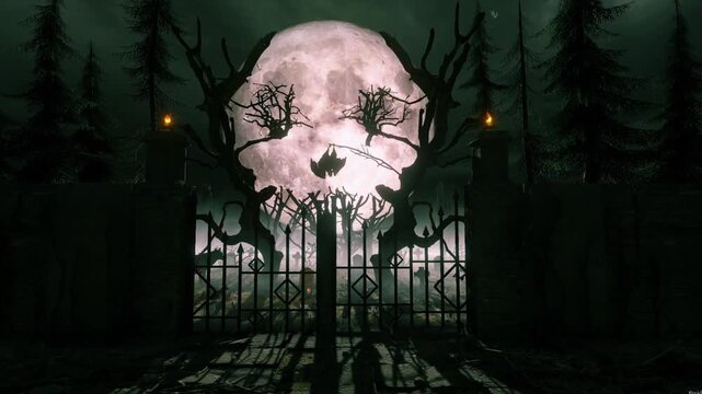 Scary Halloween Ghost in Moonlit Cemetery with Haunted Castle Pumpkin Bats and Dark Spooky Forest Night Illustration Background