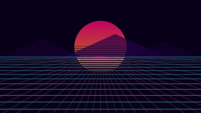 A vibrant red sun rising over a digital synthwave grid landscape at night