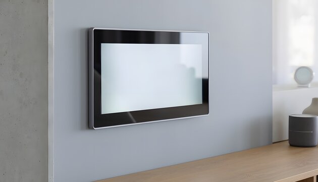 Modern smart home digital interface screen mounted on a neutral wall surface with a clear glowing blank display for custom user interface design