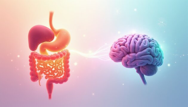 Gut brain axis illustration connects stomach intestines and brain. Neural signals flow between digestive system and mind. Explores gut health mental wellness connection.