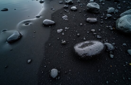 Dark wet sand and smooth gray stones cover Iceland beach shoreline. Water laps gently on black volcanic sand and pebble coast. Nature textures and patterns of northern land.