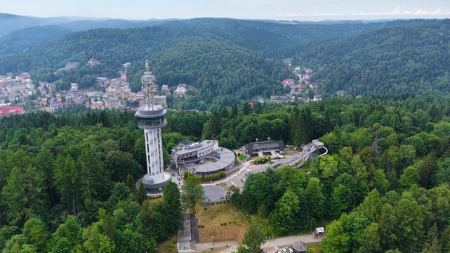 Aerial view of observation tower at Parkowa mount in Krynica Zdroj, Poland