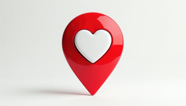 Red location pin icon contains white heart symbol. Conceptual image for favorite place or destination. Symbol of love and romance. Map marker.