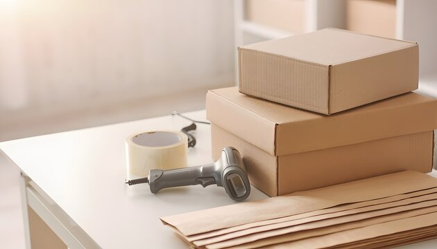 Professional e-commerce packaging station featuring cardboard shipping boxes, handheld barcode scanner tool, packing tape roll, and brown paper envelopes