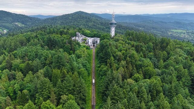 Drone shot of funicular railway station at Parkowa mount in Krynica Zdroj